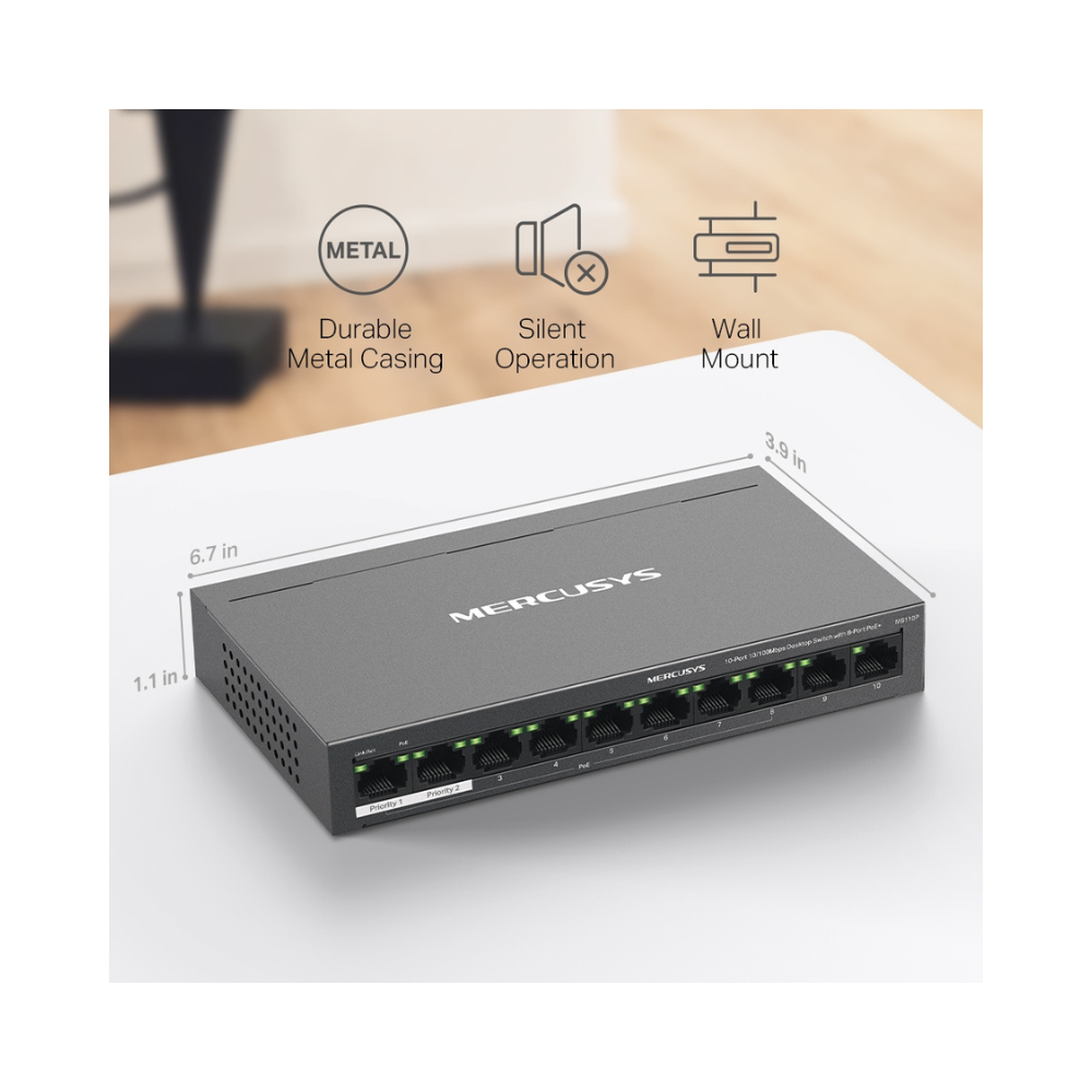 TP-LINK MS110P Switch de escritorio de 10 puertos 10/100Mbps con PoE+ de 8 puertos