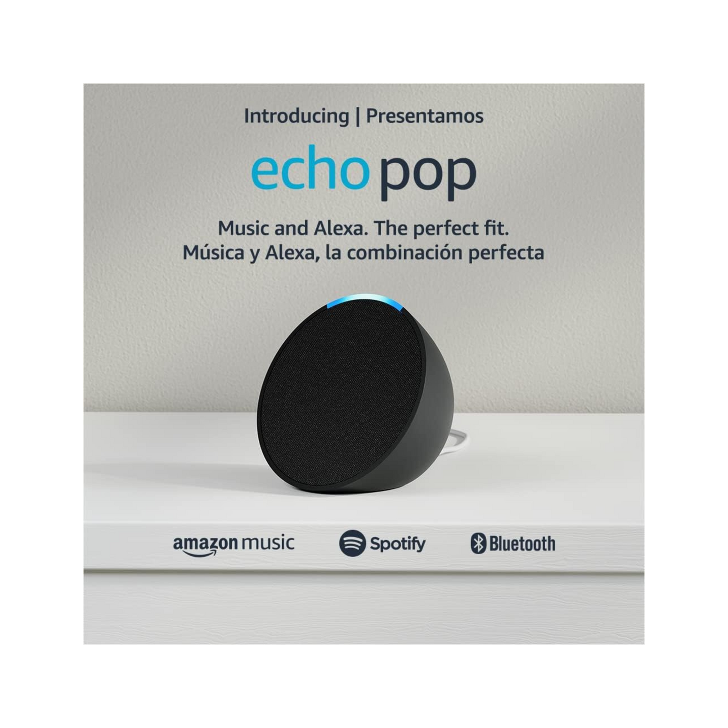 Echo Pop Parlante inteligente y compacto con sonido definido y Alexa versión internacional con adaptador de corriente (15 W) de Estados Unidos (Carbón)