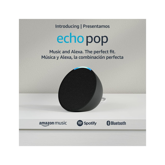 Echo Pop Parlante inteligente y compacto con sonido definido y Alexa versión internacional con adaptador de corriente (15 W) de Estados Unidos (Carbón)
