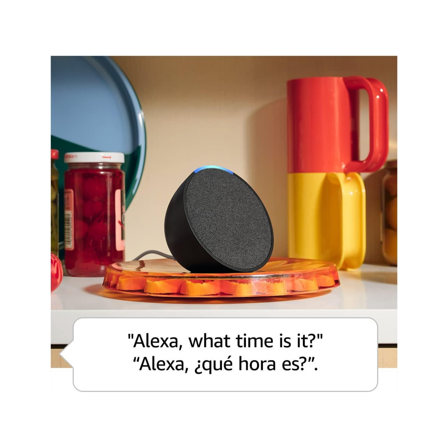 Echo Pop Parlante inteligente y compacto con sonido definido y Alexa versión internacional con adaptador de corriente (15 W) de Estados Unidos (Carbón)