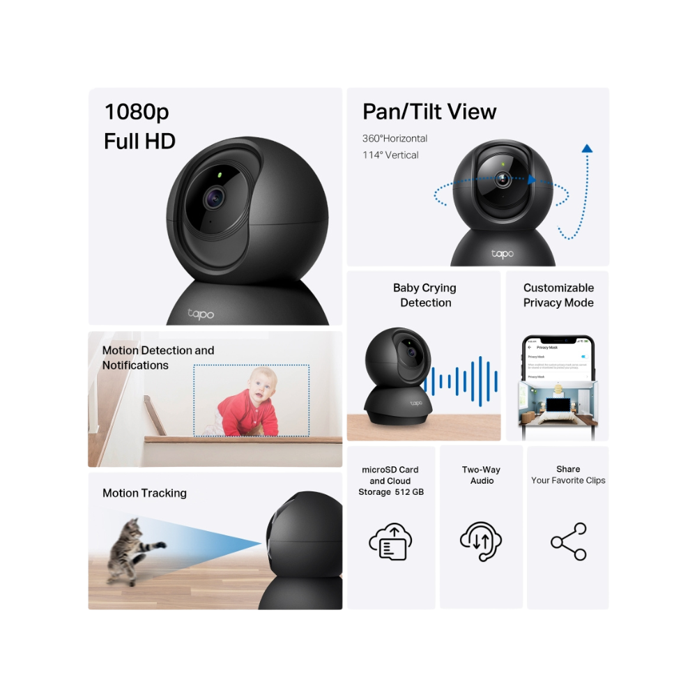 Cámara de Vigilancia Wi-Fi HD de 360 Grados con IA y Detección de Llanto de Bebé