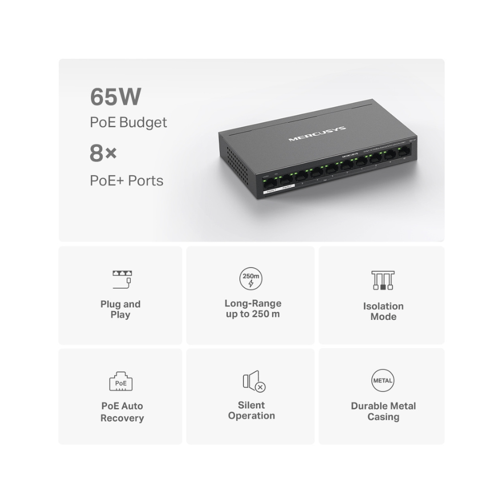 TP-LINK MS110P Switch de escritorio de 10 puertos 10/100Mbps con PoE+ de 8 puertos