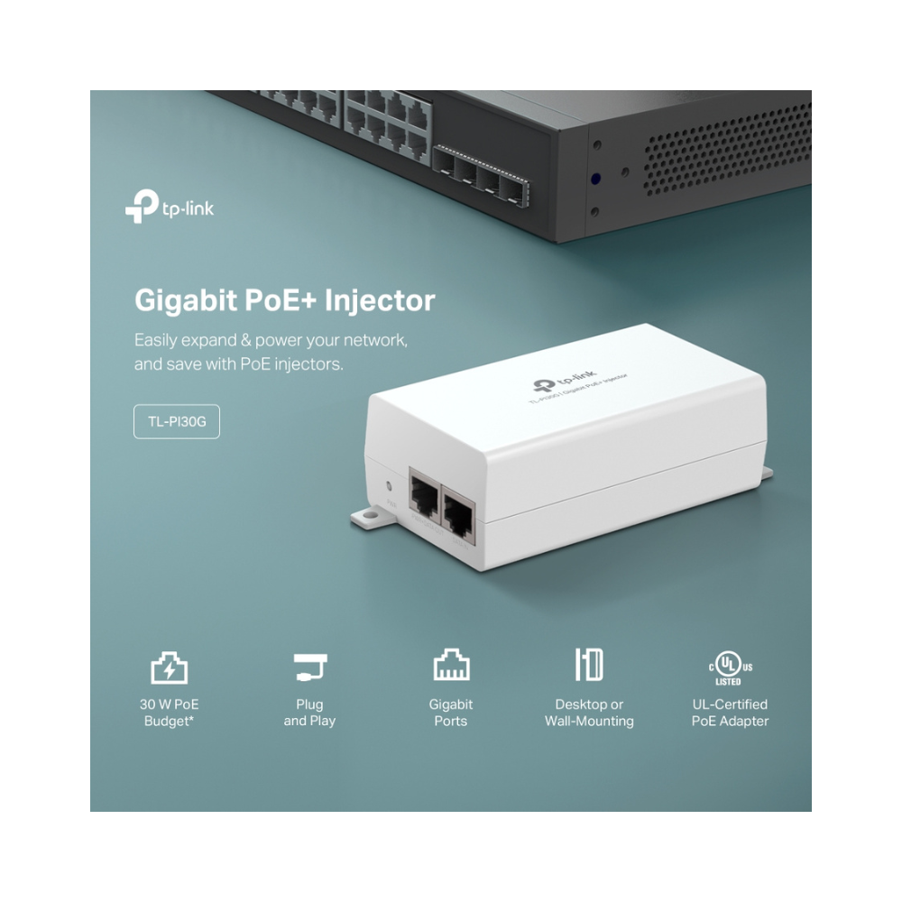 TP-LINK TL-PI30G | INYECTOR GIGABIT POE+ IEEE 802.3AT/AF | ADAPTADOR NO POE A POE | SUMINISTROS DE HASTA 30 W | PLUG & PLAY | MONTAJE EN ESCRITORIO/PARED | ALIMENTACIÓN A TRAVÉS DE ETHERNET |