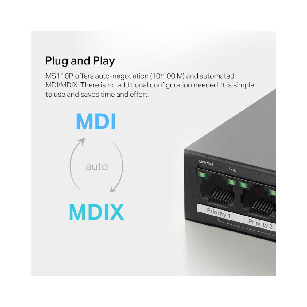 TP-LINK MS110P Switch de escritorio de 10 puertos 10/100Mbps con PoE+ de 8 puertos