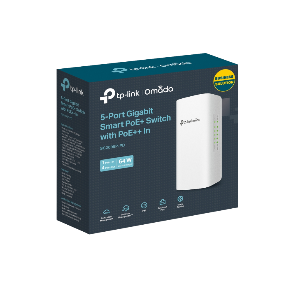 TP-LINK OMADA SG2005P-PD | CONMUTADOR ETHERNET GIGABIT POE DE 5 PUERTOS PARA EXTERIORES | 1 POE++ IN@90W, 4 POE+ DE SALIDA HASTA 64 W | IP55, ENRUTAMIENTO ESTÁTICO, LISTA DE CONTROL DE ACCESO, QOS